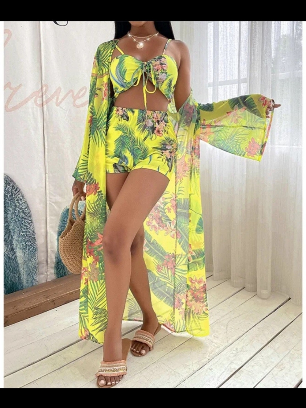 Tropical Yellow Floral 3-Piece Swim Set - Women Medium